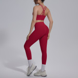 Cross-border double-sided nylon solid color cross-back tight-fitting nude-feel sportswear set for running, fitness, and yoga