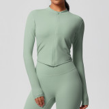In-stock cross-border quick-dry naked-feel brushed gym zip-up jacket running sports tight-fitting long-sleeve yoga top for women