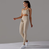 Cross-border European and American seamless knitted solid color polka dot high-elastic tight-fitting breathable yoga outfit set for running and fitness two-piece set