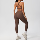Cross-border European and American solid color double-sided brushed fabric cross-back sports bra and yoga outfit set for running and fitness two-piece set