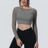 New cross-border solid color mesh double-layer breathable faux two-piece long-sleeve casual sports running fitness yoga top