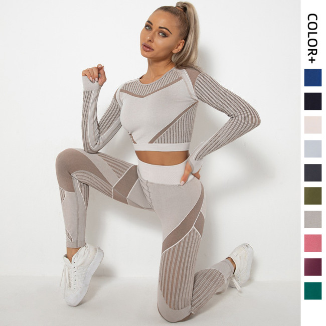 In stock!European and American seamless hollow-out moisture-wicking yoga long-sleeve set, yoga clothing for sports, fitness, running, and yoga pants for women