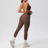 Cross-border European and American solid color double-sided brushed fabric cross-back sports bra and yoga outfit set for running and fitness two-piece set