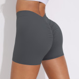 Cross-border brushed V-waist pleated solid color peach butt-lifting yoga shorts for women, suitable for sports, running, and fitness