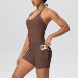 Cross-border solid color brushed fabric backless tight-fitting halter neck pocket yoga outfit set with sports running shorts two-piece set