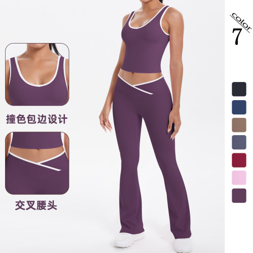 Cross-border double-sided brushed fabric color-blocked tight-fitting breathable cross-over wide-leg yoga outfit set for sports, running, and fitness two-piece set
