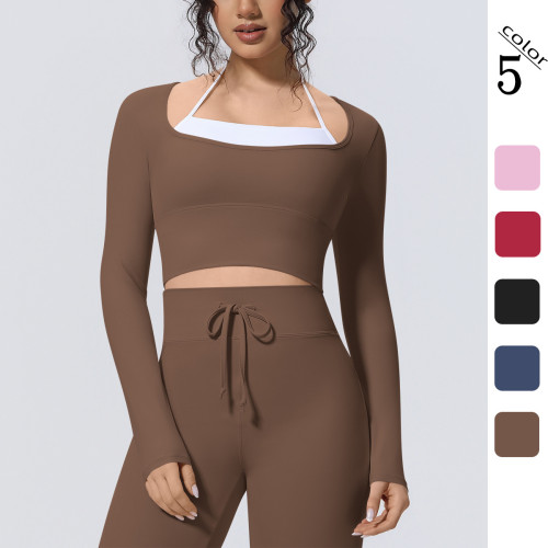 New cross-border seamless two-piece solid color long-sleeve T-shirt top, tight-fitting sports running fitness yoga wear