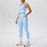 New cross-border double-sided brushed solid color breathable pocket long yoga outfit set for sports, running, and fitness two-piece set