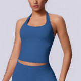 New seamless solid color halter neck sports tank top for women, suitable for running, fitness, and yoga
