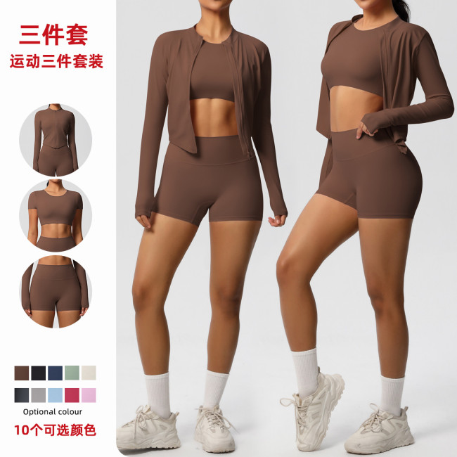 New cross-border brushed tight-fitting fitness wear, naked-feel quick-dry sports shorts set, slimming yoga outfit three-piece set for women