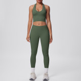 Cross-border European and American seamless tight-fitting halter neck backless yoga outfit set for women, two-piece running sports fitness yoga wear