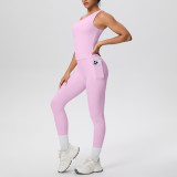 New cross-border brushed fabric seamless tight-fitting one-shoulder tank top sports set with pockets for running, fitness, and yoga, two-piece set