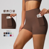 Cross-border European and American brushed solid color pocket high-waisted tight high-elastic yoga shorts for women, suitable for sports, running, and fitness