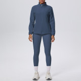 New cross-border solid color fleece-lined stand-up collar zip-up jacket and pants yoga outfit set for sports, running, and fitness two-piece set