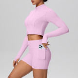 In-stock cross-border solid color brushed fabric nude-feel short jacket set with tight-fitting pocket shorts, two-piece fitness yoga outfit