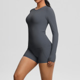 New cross-border European and American solid color double-sided nylon brushed long-sleeve yoga outfit set for sports, running, and fitness two-piece set