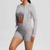 New European and American style naked-feel brushed long-sleeve sports jacket, casual pocket shorts, running butt-lifting yoga outfit three-piece set