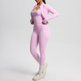 New European and American cross-border cloud-feel brushed sports vest with pockets, long pants, casual butt-lifting fitness yoga outfit three-piece set