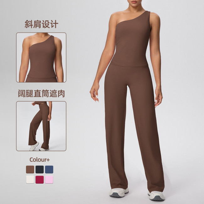 New cross-border double-sided brushed fabric, naked-feel, solid color, tight-fitting, high-elasticity sports suit for running, fitness, and yoga, two-piece set