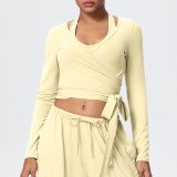 New cross-border solid color brushed quick-dry tight-fitting cross-strap V-neck long-sleeve sports running fitness yoga top for women