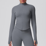 Cross-border seamless solid color tight-fitting high-elastic breathable stand-up collar zip-up jacket for women's sports, running, fitness, and yoga