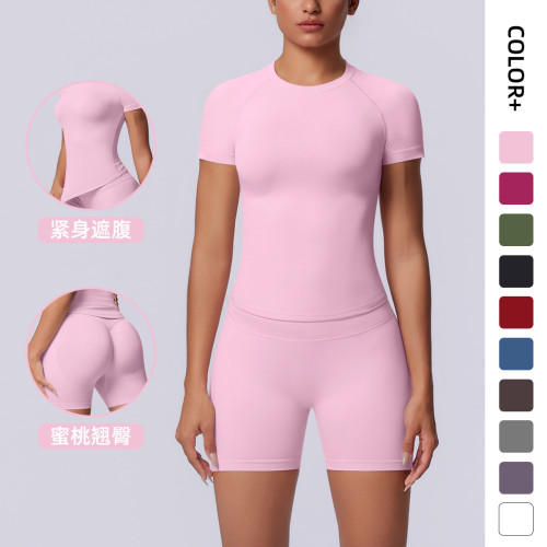 Cross-border European and American seamless solid color breathable tight-fitting high-elastic short-sleeve shorts set for women's sports, running, fitness, and yoga wear