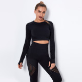 In stock!European and American internet celebrity seamless knitted sexy moisture-wicking long-sleeve yoga wear sports fitness running T-shirt