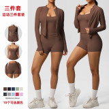 New cross-border solid color brushed fabric breathable strap yoga outfit set, three-piece running and fitness sportswear for women