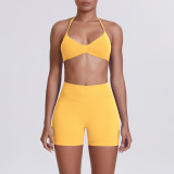 Cross-border seamless solid color halter neck bra and shorts yoga outfit set, tight-fitting running and fitness two-piece set