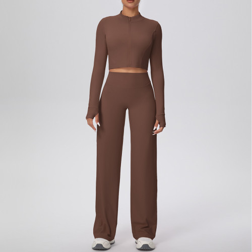 New cross-border solid color double-sided brushed zipper jacket and wide-leg yoga outfit set for sports, running, and fitness two-piece set