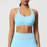 Cross-border solid color seamless backless high-elasticity tight-fitting halter neck sports bra for running, fitness, and yoga for women