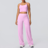 New cross-border brushed solid color backless tight-fitting breathable wide-leg yoga outfit set for sports, running, and fitness two-piece set