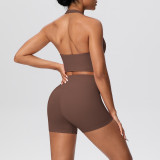 New cross-border solid color double-sided brushed tight-fitting halter neck shorts yoga outfit set for sports, running, and fitness two-piece set