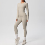 In-stock cross-border double-sided brushed solid color tight-fitting long-sleeve yoga outfit set for sports, running, and fitness two-piece set