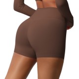 In-stock cross-border solid color double-sided brushed high-waisted tight-fitting butt-lifting yoga shorts for women, suitable for running and fitness activities