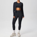 In-stock cross-border solid color brushed breathable tight-fitting fitness jacket three-piece sports running yoga outfit for women