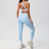Cross-border European and American solid color double-sided brushed fabric cross-back sports bra and yoga outfit set for running and fitness two-piece set