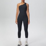 New cross-border double-sided brushed fabric seamless tight-fitting one-shoulder tank top sports set for running, fitness, and yoga, two-piece set