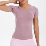 Cross-border European and American seamless knitted solid color breathable tight-fitting short-sleeve T-shirt for sports, running, fitness, and yoga for women