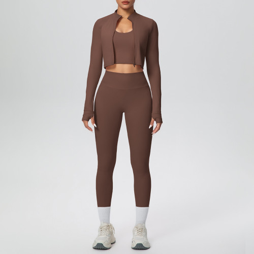 Cross-border brushed tight-fitting breathable halter neck tank top long three-piece sports running fitness yoga outfit set