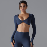 New sports long-sleeve fitness top for women, deep V-neck, slim fit, breathable, ins-style, cropped outdoor yoga top