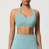 Cross-border solid color seamless backless high-elasticity tight-fitting halter neck sports bra for running, fitness, and yoga for women