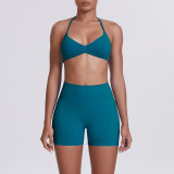 Cross-border seamless solid color halter neck bra and shorts yoga outfit set, tight-fitting running and fitness two-piece set