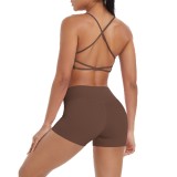 New cross-border model: cloud-feel brushed fabric camisole sports bra with beautiful back design, casual running fitness butt-lifting shorts, yoga wear for women
