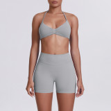 Cross-border seamless solid color halter neck bra and shorts yoga outfit set, tight-fitting running and fitness two-piece set