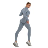 European and American style ruched seamless yoga outfit for women, high-waisted peach-colored tight-fitting sports long-sleeve fitness yoga pants two-piece set