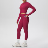 In-stock cross-border solid color brushed fabric nude-feel short jacket set with tight-fitting pockets for running, fitness, and yoga, two-piece set