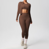 New cross-border model: cloud-feel brushed slim-fit long-sleeve sports jacket, casual butt-lifting peach-shaped fitness yoga outfit three-piece set