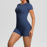 New cross-border European and American solid color double-sided nylon brushed short-sleeve yoga outfit set for sports, running, and fitness two-piece set