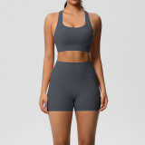 European and American cross-border double-sided brushed sports bra and pocket shorts two-piece set for Pilates, running, fitness, and yoga